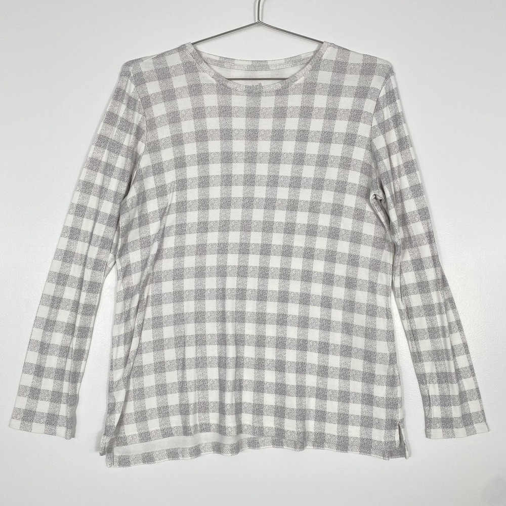 J Jill Shirt Womens Medium Gray White Plaid Pima Crew Neck‎ High Low Long Sleeve